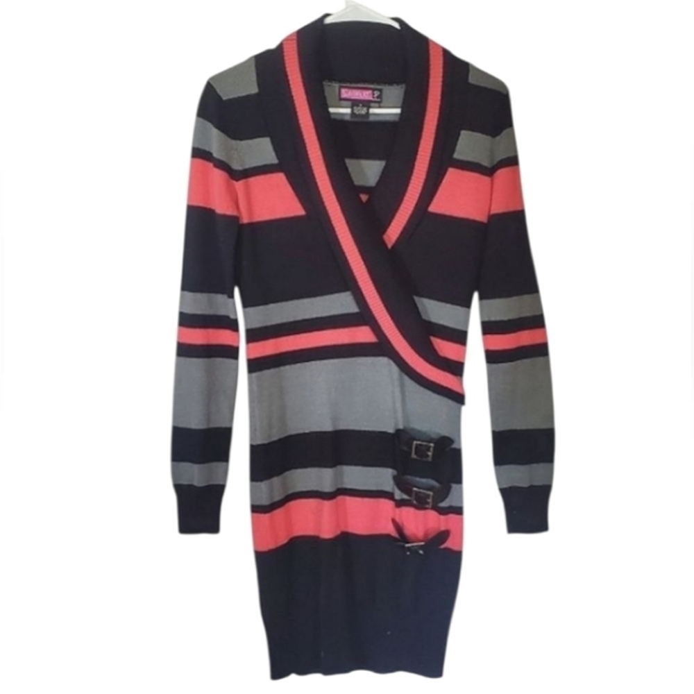 7356 * Say What? Sweater Mini Bodycon Dress Black Pink Gray Size S Vintage